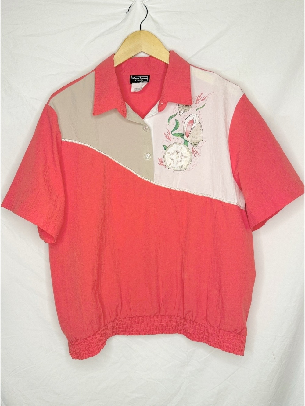 Southern Lady Vintage 90s Coral Beach Seashell Blouse XL